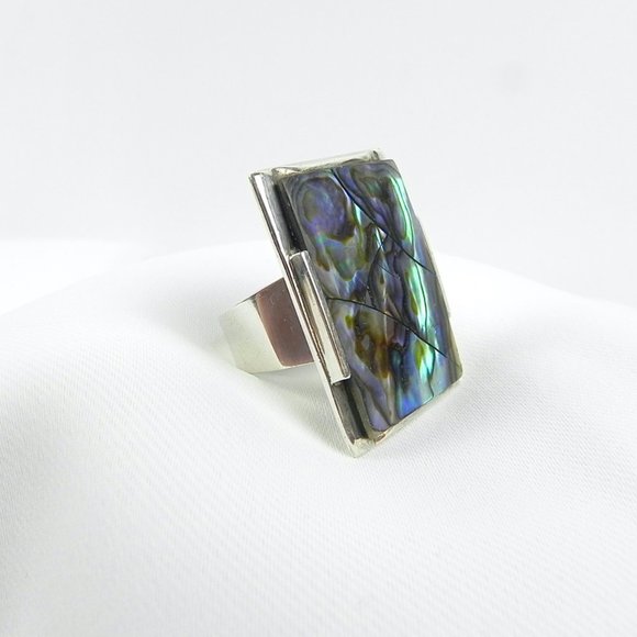 Silver Abalone Ring | 925 Silver Large Chunky Rectangular Accent Ring - Picture 2 of 11